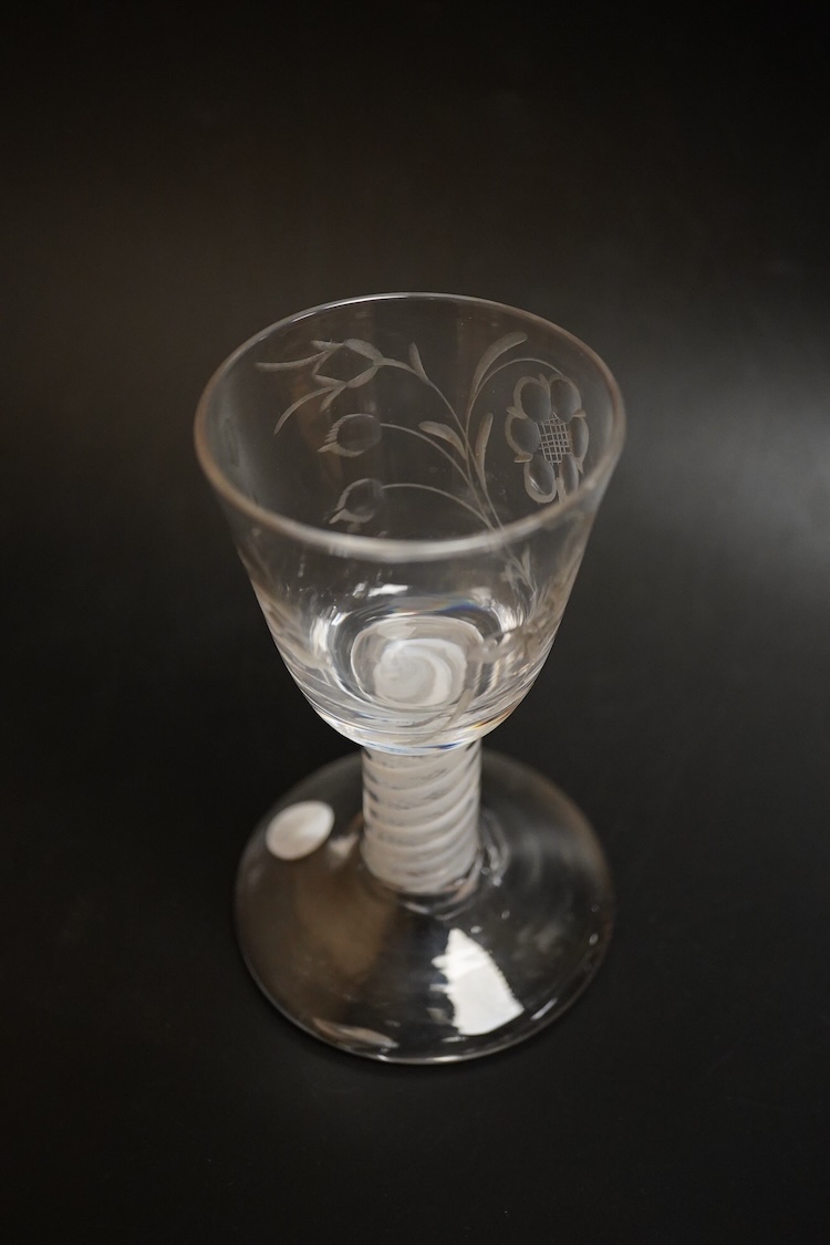 A double series opaque twist stem firing glass, with wheel engraved bowl - 11.5cm high